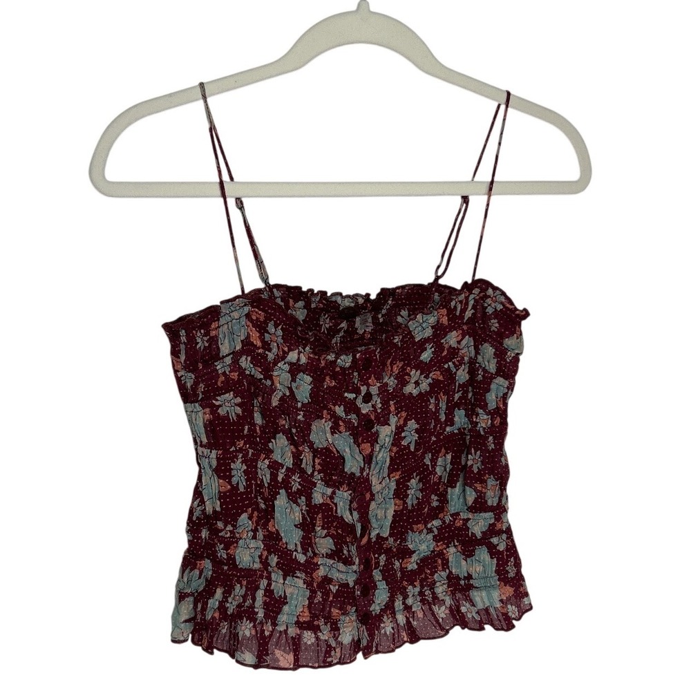 Free People FP One Burgundy Floral Smocked Button Front Cami Top Small